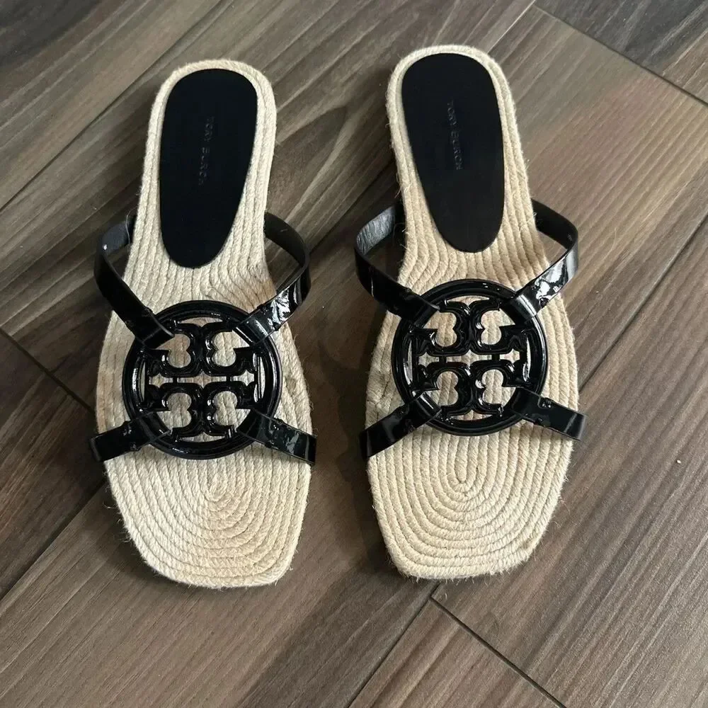 TORY BURCH BLACK PATENT BOMBE MILLER ESPADRILLE SLIDE SANDAL SIZE - 10